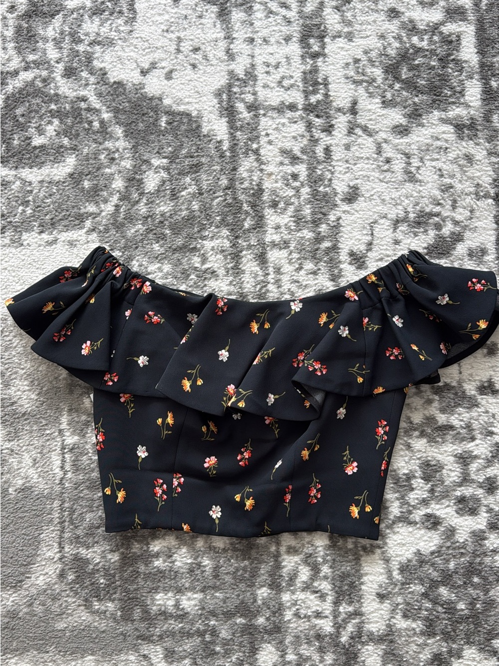 Rebecca Taylor Black Floral Off-Shoulder Ruffle Crop Top